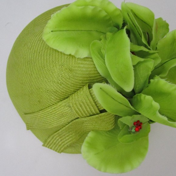 Jack McConnell Chartreuse Straw Hat Molded Torque Silk Orchid Church Percher - Picture 5 of 8